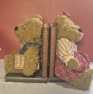 Charming Teddy Bear Bookends - Brown and Red Vintage 1980s